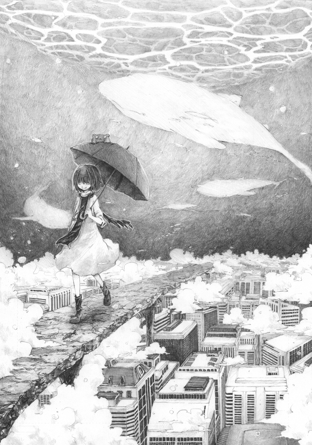 cityscape, closed_eyes, cloud, clouds, eyes_closed, fish, graphite_(medium), highres