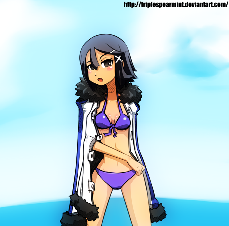 1girl, asagiri_asagi, bikini, black_hair, blue_sky, blush, breasts, disgaea, fur_trim, hair_ornament, hairclip, jacket, nippon_ichi, ocean, open_clothes, open_jacket, prinny_can_i_really_be_the_hero?, purple_bikini, short_hair, sky, solo, swimsuit, triplespearmint