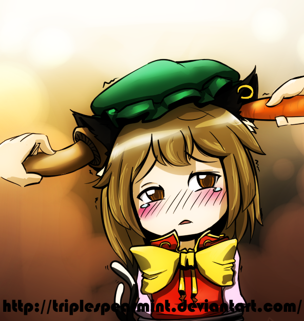 animal_ears, blush, brown_hair, carrot, cat_ears, cat_tail, chen, crying