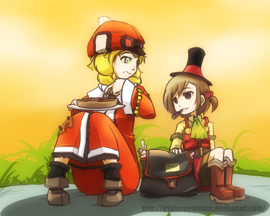 annette_(rune_factory), bag, blonde_hair, boots, brown_eyes, brown_hair, cake, cigar