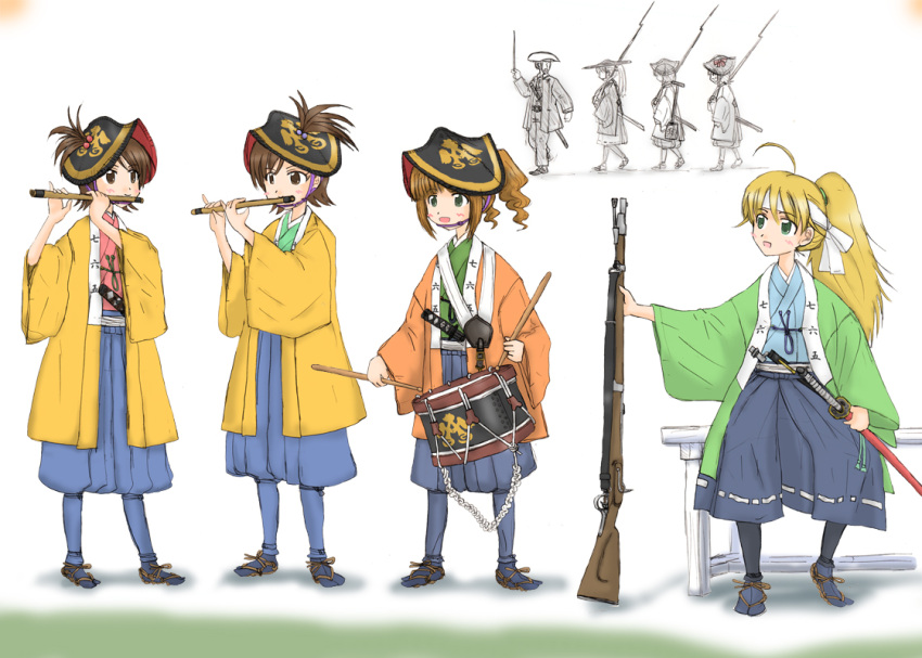 amami_haruka, bayonet, bow, drum, drumsticks, ernest, fife_(instrument), futami_ami