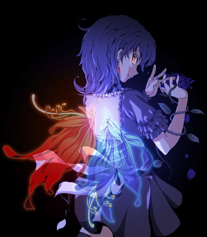alternate_wings, azuma_syoujuan, back, bare_back, black_hair, earrings, flower, glowing