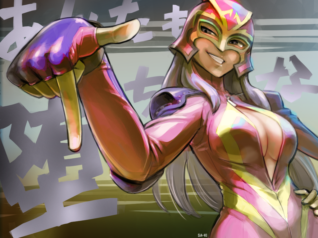 bearclaw, bodysuit, breasts, fingerless_gloves, gloves, long_hair, mask, no_bra, open_clothes, purple_hair, sa-ki, smile, solo, wrestle_angels, wrestle_angels_survivor, wrestle_angels_survivor_2, wrestling_outfit