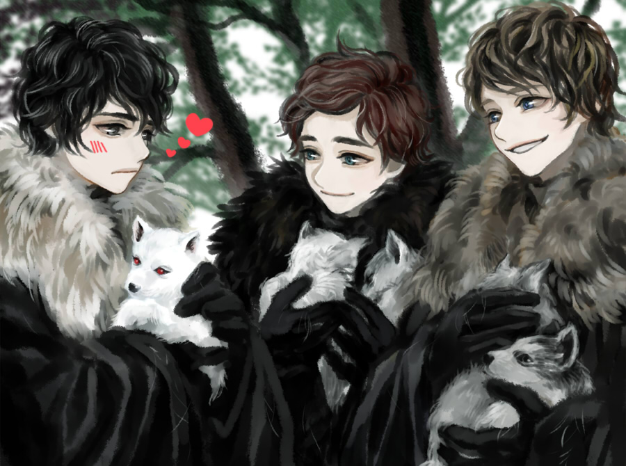 a_song_of_ice_and_fire, bad_id, black_eyes, black_gloves, black_hair, blue_eyes, blush, brown_hair, cape, dog, fur_trim, ghost_(a_song_of_ice_and_fire), gloves, grey_wind, heart, jon_snow, lady_(a_song_of_ice_and_fire), male, multiple_boys, nymeria_(a_song_of_ice_and_fire), puppy, red_hair, redhead, robb_stark, shaggydog_(a_song_of_ice_and_fire), siuuu, theon_greyjoy, wolf