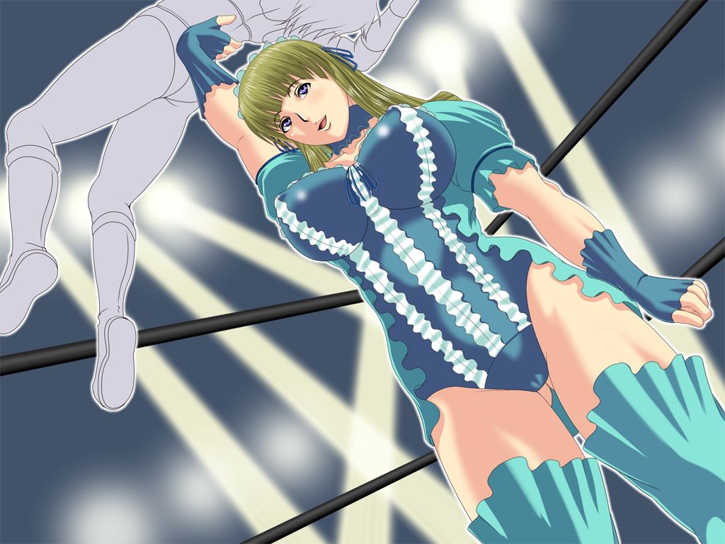 arena, boots, breasts, choker, drill_hair, fingerless_gloves, frills, gloves, gothic_lolita, green_hair, hairband, large_breasts, leotard, lift, lolita_fashion, long_hair, multiple_girls, oozora_migiri, rareezato12s, smile, thigh-highs, thighhighs, wrestle_angels, wrestle_angels_survivor, wrestle_angels_survivor_2, wrestling, wrestling_outfit, wrestling_ring