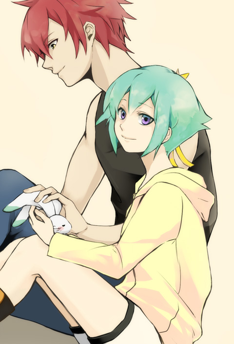 aquarion_(series), aquarion_evol, blush, couple, hair_ribbon, hand_holding, holding_hands, jeans, kagura_demuri, nigiri_(guran2), purple_eyes, red_hair, redhead, ribbon, short_hair, shorts, shush_(aquarion_evol), shushu_(aquarion_evol), sitting, sleeping, smile, tank_top, violet_eyes, yellow_eyes, zessica_wong