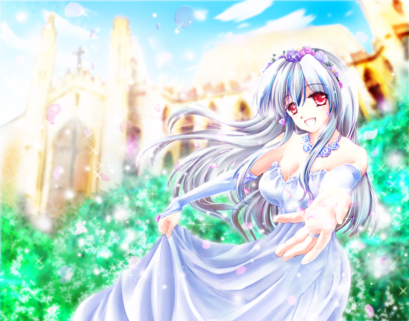 alternate_costume, bare_shoulders, blue_hair, breasts, bridal_gauntlets, cleavage, dress, flower