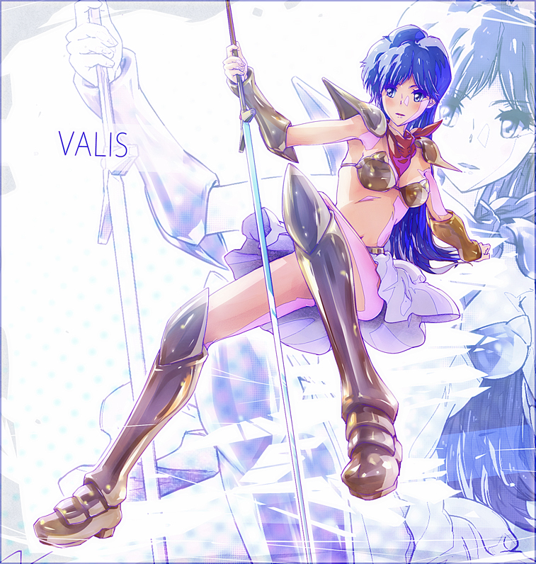 armor, asou_yuuko, bikini_armor, blue_eyes, blue_hair, blush, boots, daijoubu_da_mondai_nai