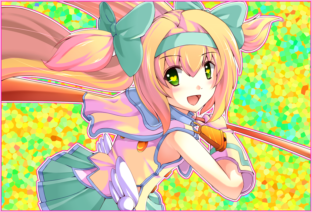 bell, blazblue, blonde_hair, bow, gloves, green_eyes, hair_bow, hairband