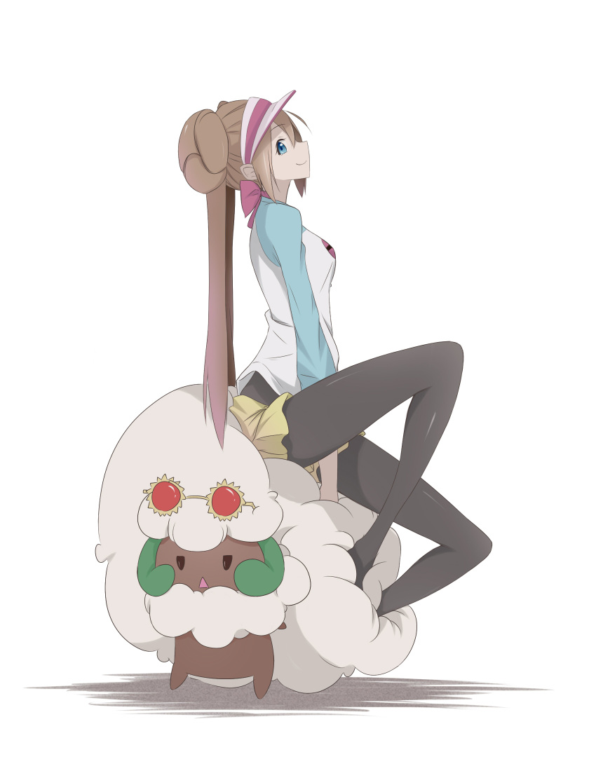 blue_eyes, bow, brown_hair, creature, dark_skin, double_bun, female_protagonist_(pokemon_bw2), highres