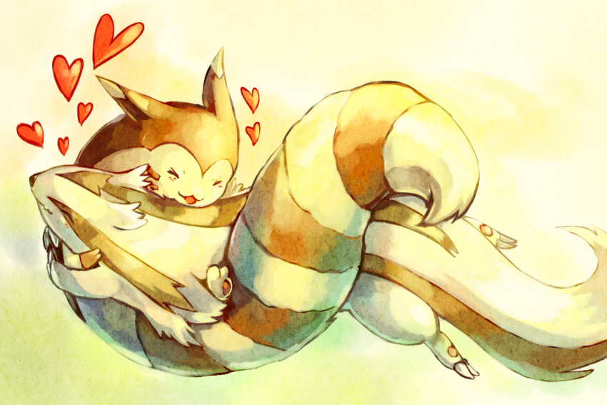 affection, closed_eyes, creature, furret, heart, hug, linoone, no_humans, pokemon, pokemon_(creature), sa-dui, sepia, sepia_background