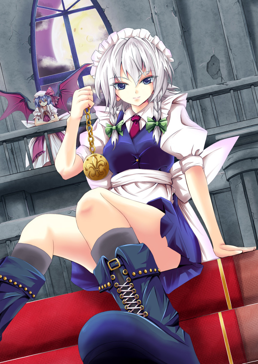 azusayumi_meme, bat_wings, blue_eyes, blue_hair, braid, chain, chains, highres