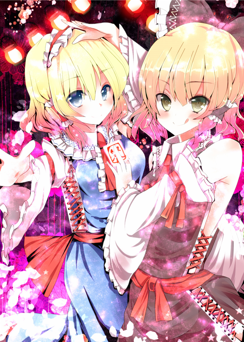 :q, alice_margatroid, bare_shoulders, blonde_hair, blue_eyes, blush, bow, cosplay