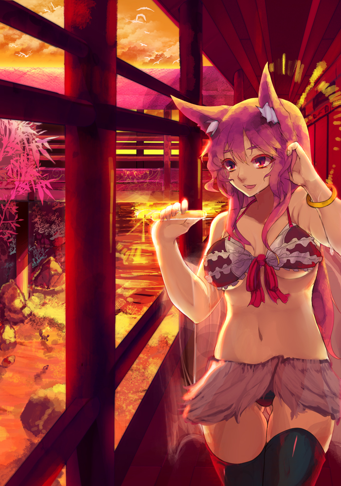 animal_ears, bikini_top, black_legwear, black_panties, bracelet, breasts, copyright_request, evening