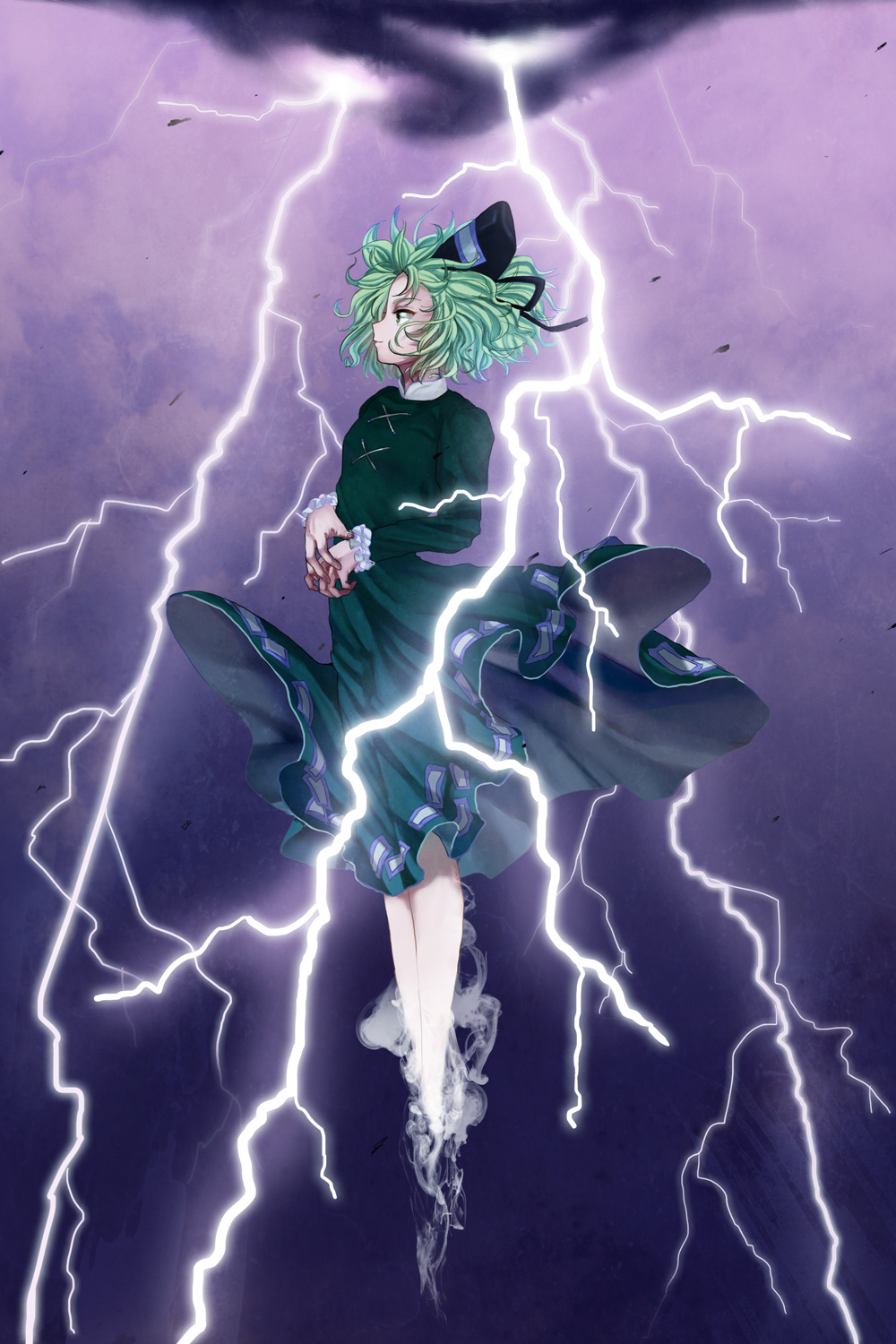 dress, ghost_tail, green_dress, green_eyes, green_hair, hat, highres, lightning