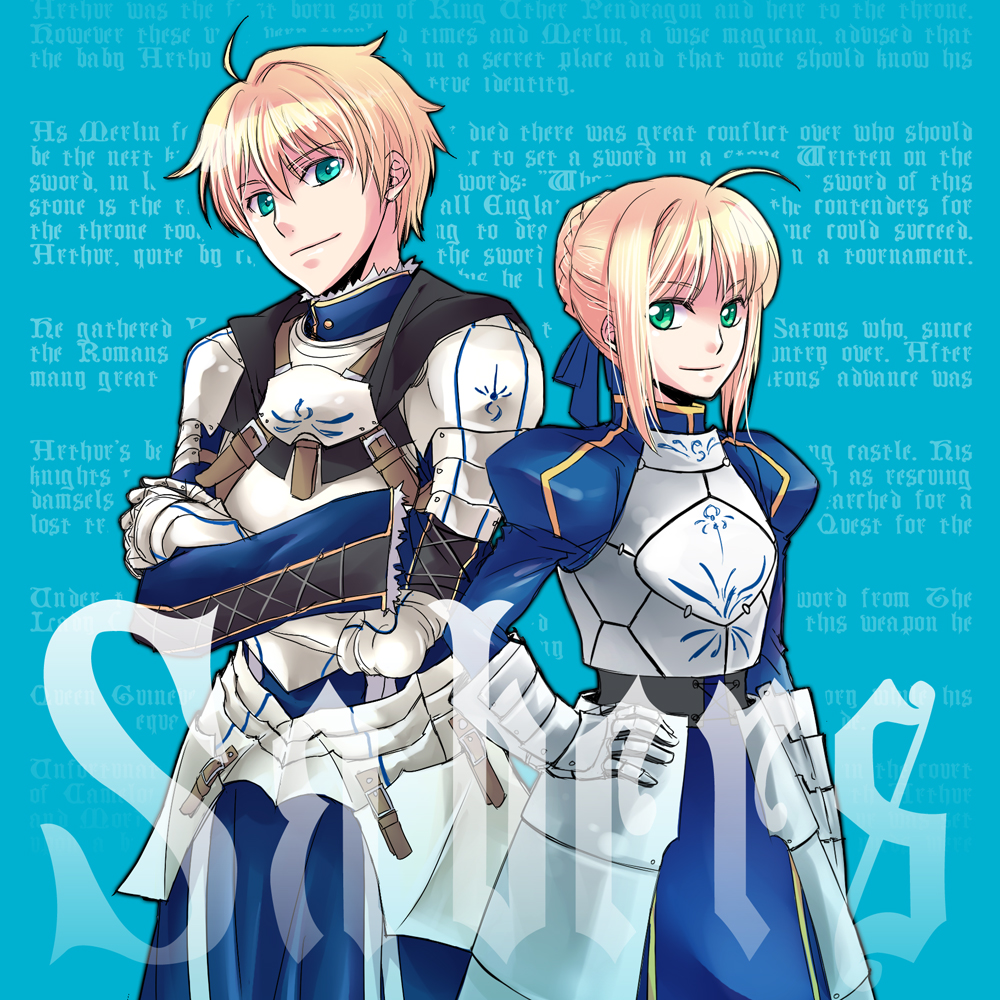 1girl, ahoge, armor, armored_dress, blonde_hair, dress, dual_persona, fate/prototype