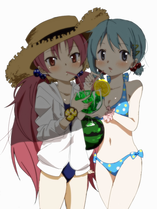 alternate_hairstyle, bikini, blue_eyes, blue_hair, blush, drinking, food, fruit