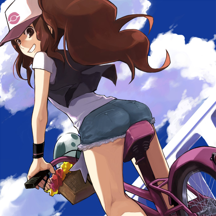 ass, baseball_cap, bicycle, brown_eyes, brown_hair, cloud, clouds, cutoffs