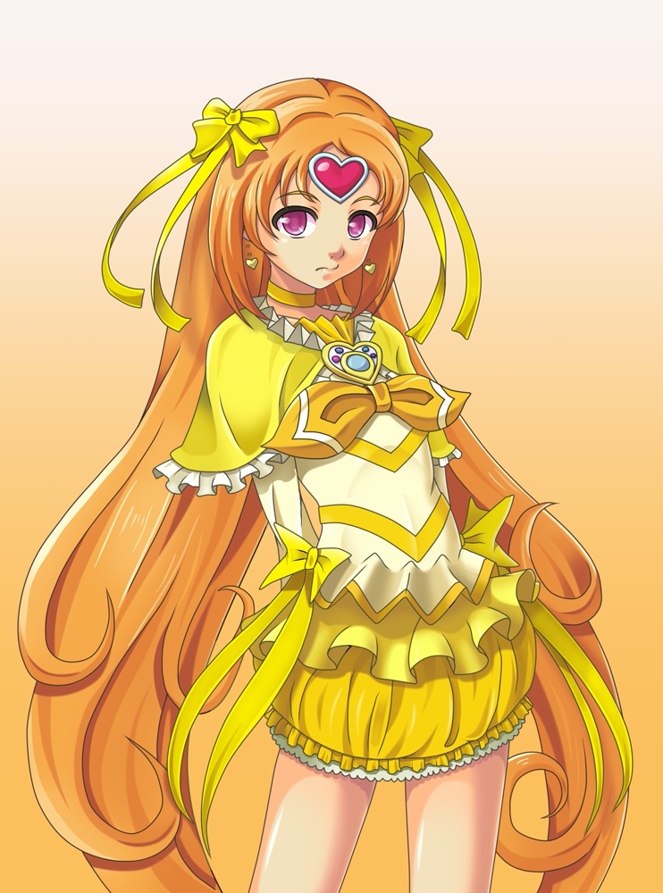 arms_behind_back, bow, brooch, bubble_skirt, choker, cure_muse, cure_muse_(yellow), dress, expressionless, hair_bow, heart, jewelry, long_hair, magical_girl, ntk_51, orange_background, orange_hair, pink_eyes, precure, shirabe_ako, skirt, solo, suite_precure, yellow_dress