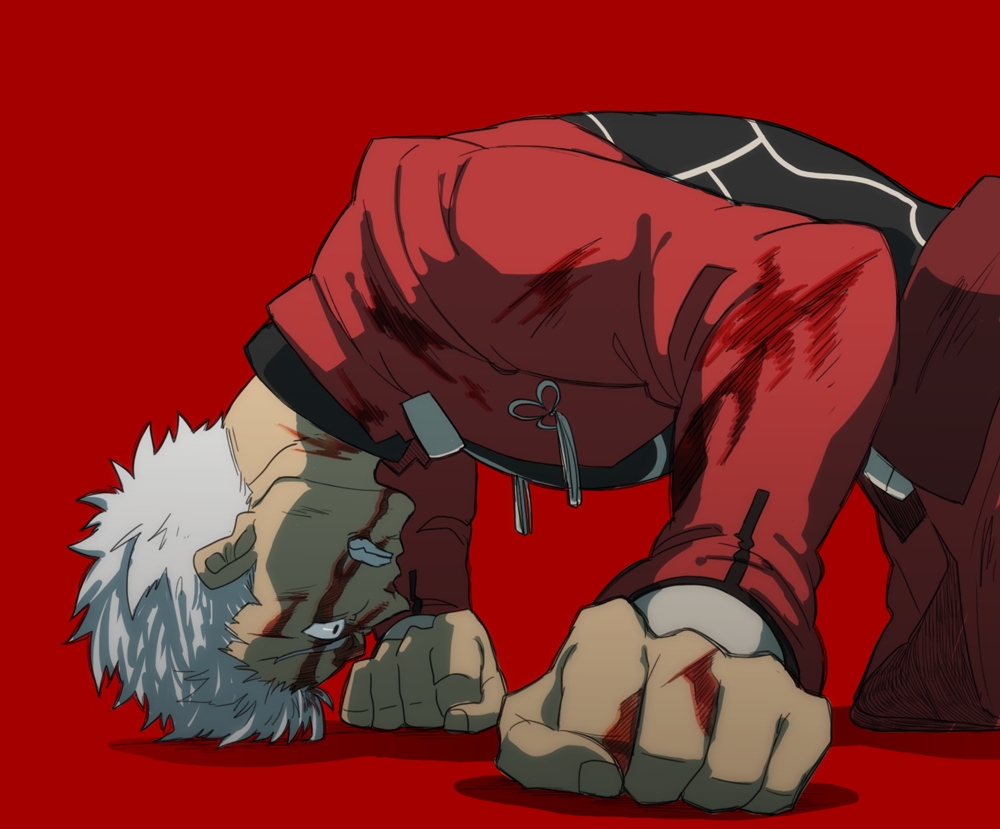 all_fours, archer, blood, dark_skin, fate/stay_night, fate_(series), gupaon, white_hair