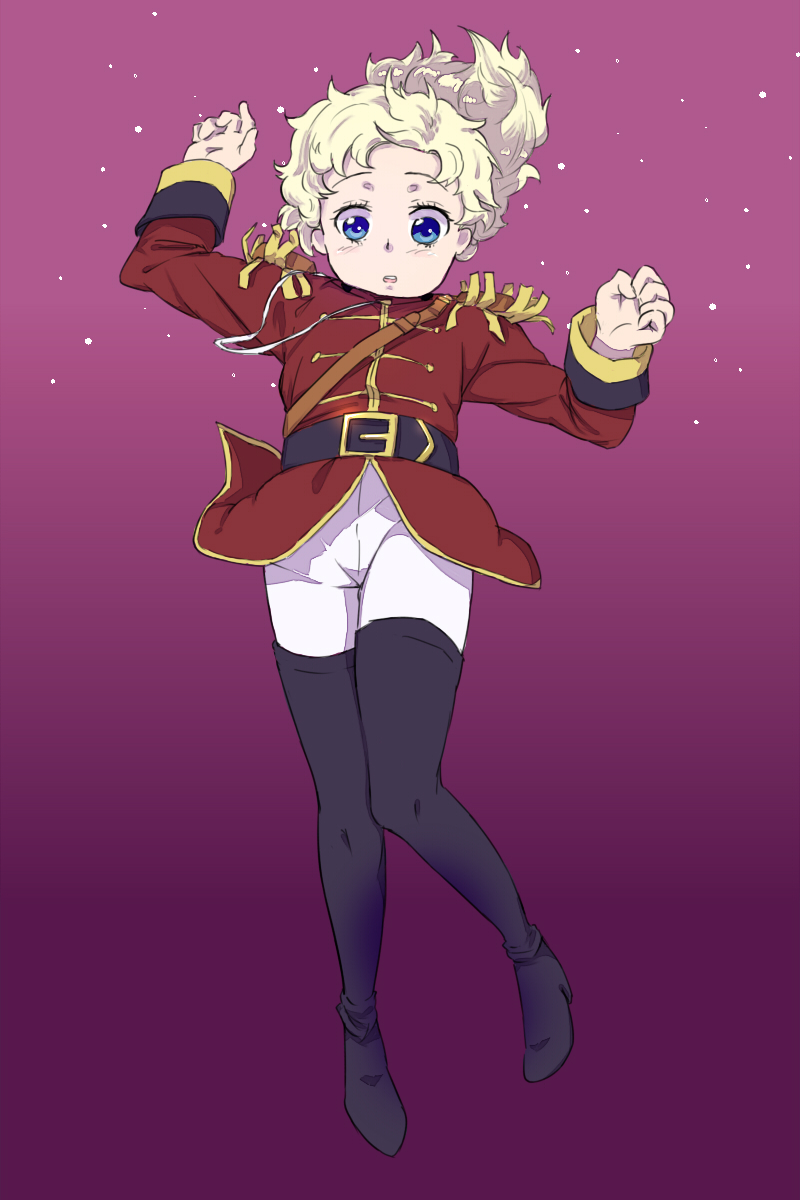 belt, blonde_hair, blue_eyes, boots, epaulettes, falling, grunhilde_serenity, highres