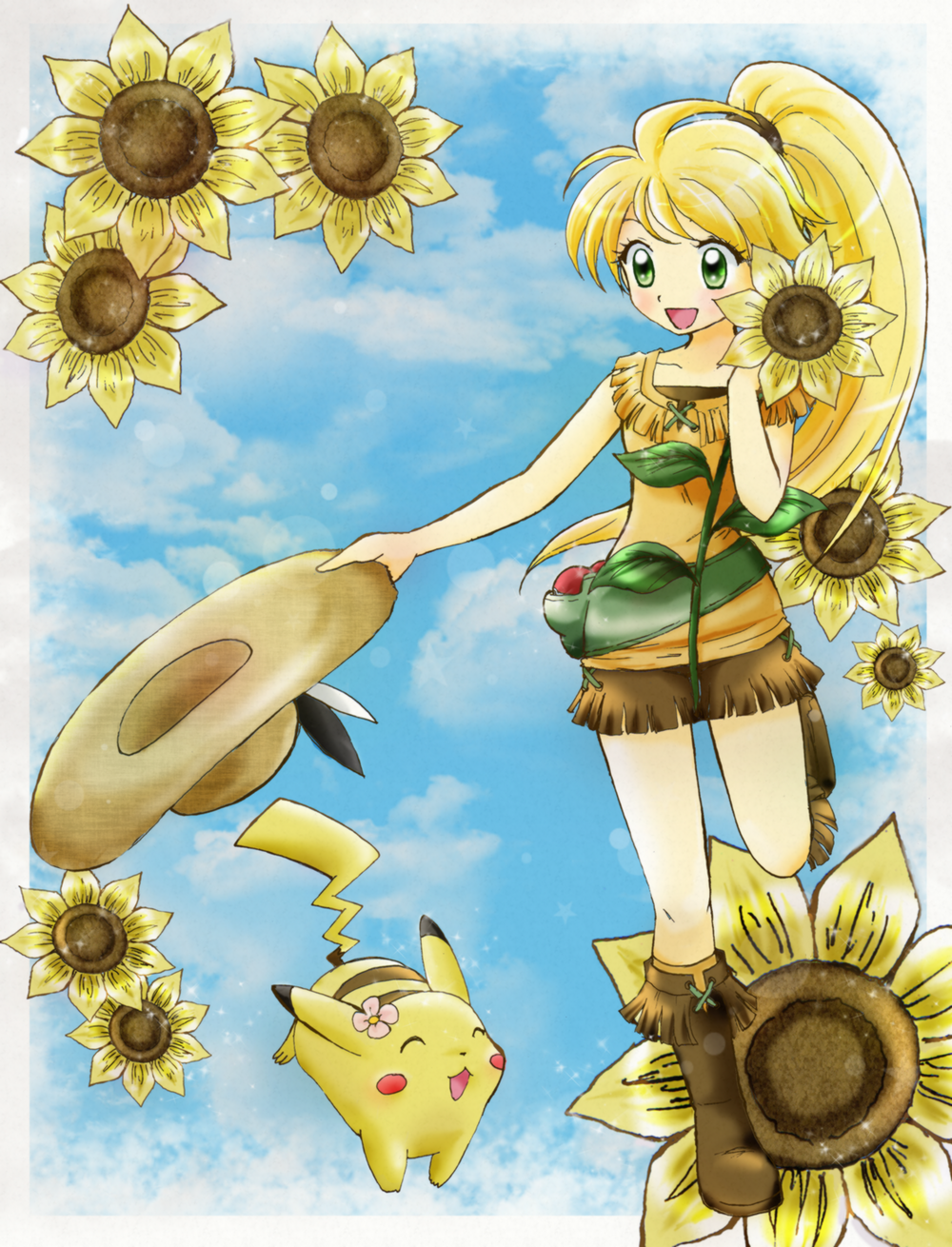 :d, alternate_costume, blonde_hair, blue_sky, boots, chikorita85, chuchu_(pokemon), closed_eyes, cloud, clouds, collarbone, dress, eyes_closed, floral_background, green_eyes, hat, highres, holding, holding_hat, long_hair, minidress, open_mouth, pikachu, poke_ball, pokemon, pokemon_special, ponytail, running, sky, smile, standing, standing_on_one_leg, waist_poke_ball, yellow, yellow_(pokemon), yellow_dress