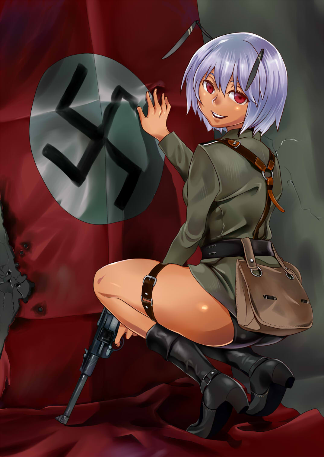 antennae, belt, black_boots, boots, commentary, flag, ginjuuji, gun