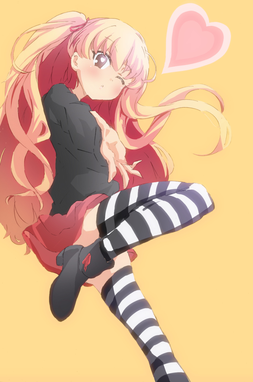 ahoge, akibin, blonde_hair, brown_eyes, casual, hair_ribbon, heart, highres