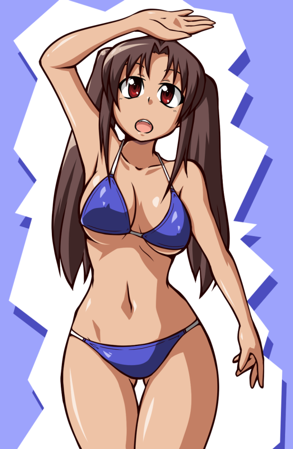 bikini, blue_bikini, breasts, brown_hair, chiki_(artist), large_breasts, long_hair, original