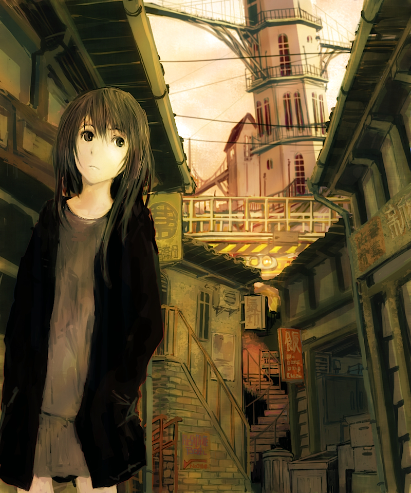 city, long_hair, original, pedestrian_bridge, railing, solo, stairs, street