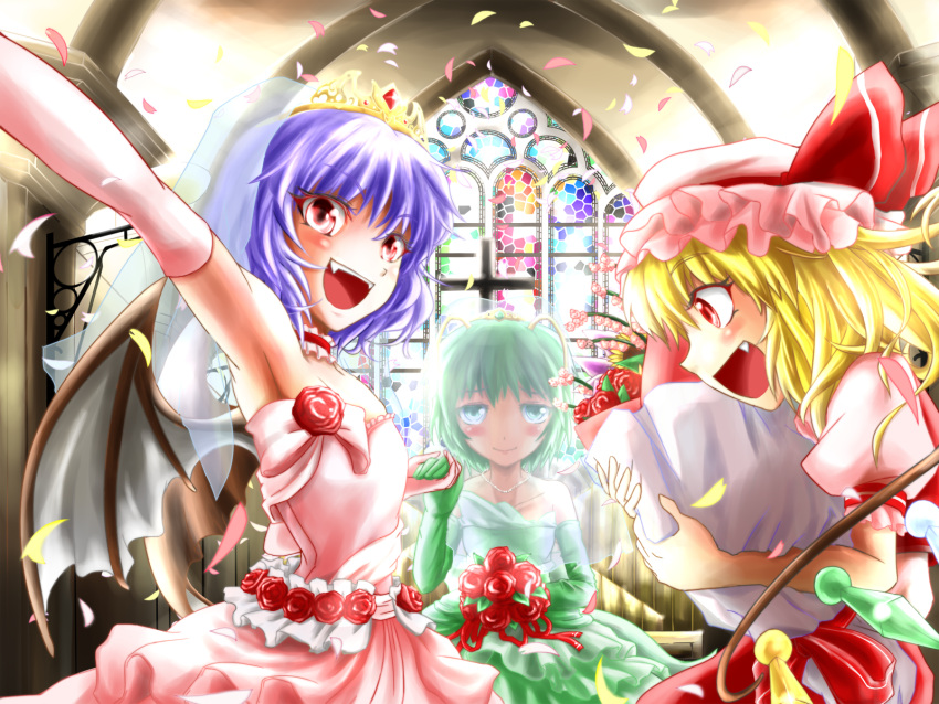 alternate_costume, antennae, armpits, bare_shoulders, bat_wings, blonde_hair, blush, bouquet