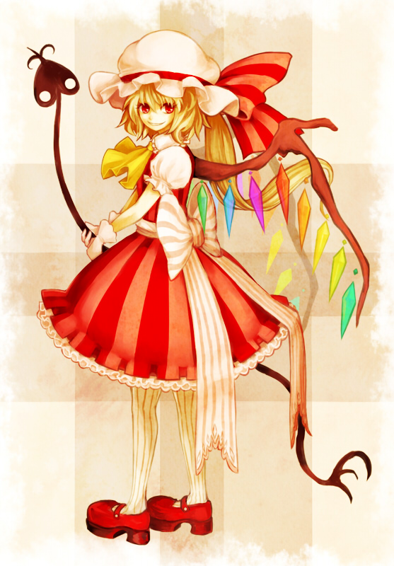 ascot, blonde_hair, bow, choma, flandre_scarlet, gloves, hat, hat_bow