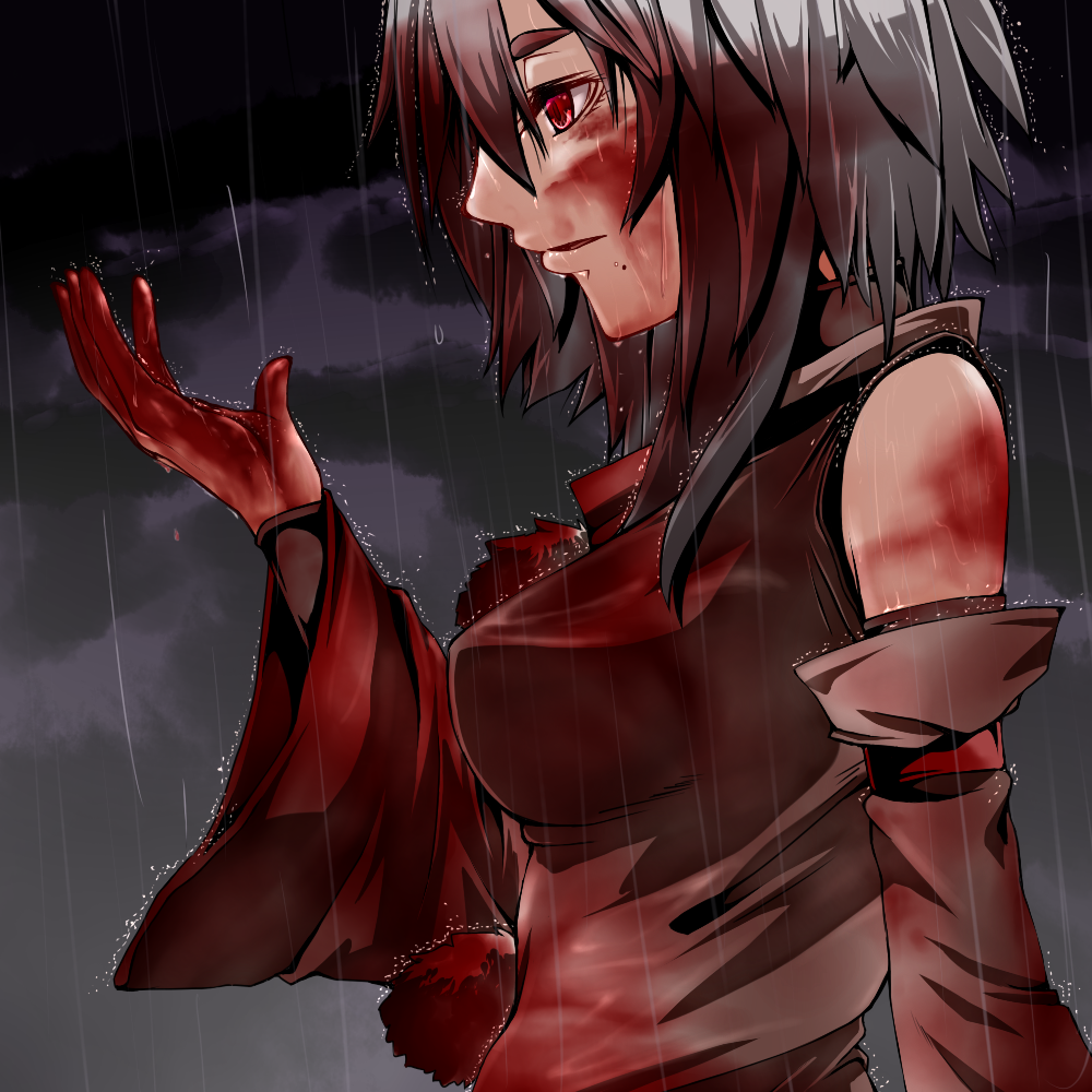 arm_up, bare_shoulders, blood, blood_on_face, blood_on_hair, blood_stain, bloody_clothes, bloody_hands