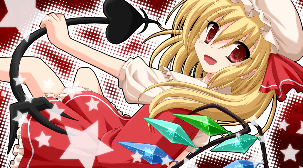 blonde_hair, fang, flandre_scarlet, hat, open_mouth, red_eyes, remoyona, skirt