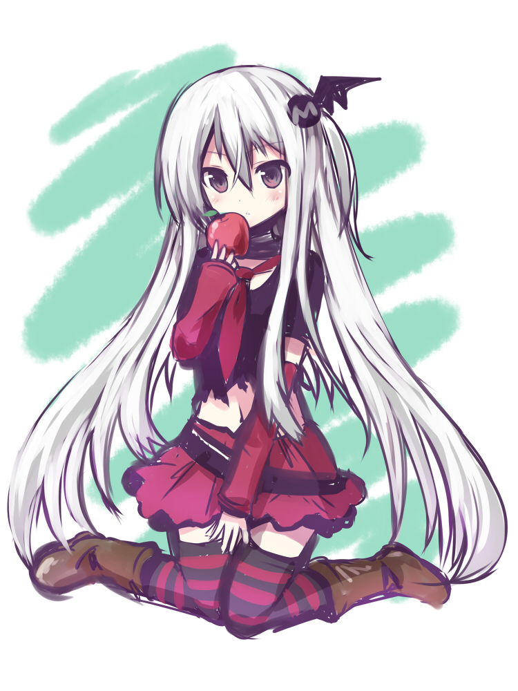 1girl, apple, belt, boots, brown_eyes, copyright_request, detached_sleeves, dress