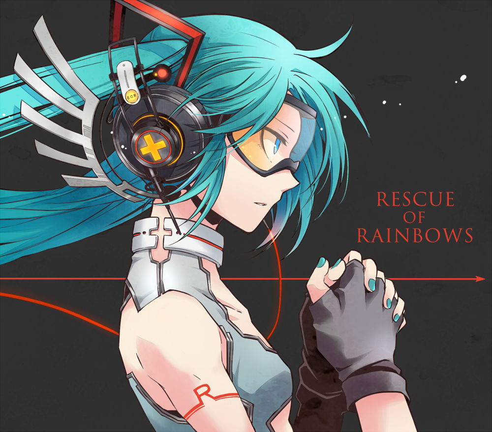 aqua_eyes, aqua_hair, fingerless_gloves, gloves, goggles, hands_clasped, hatsune_miku, headphones