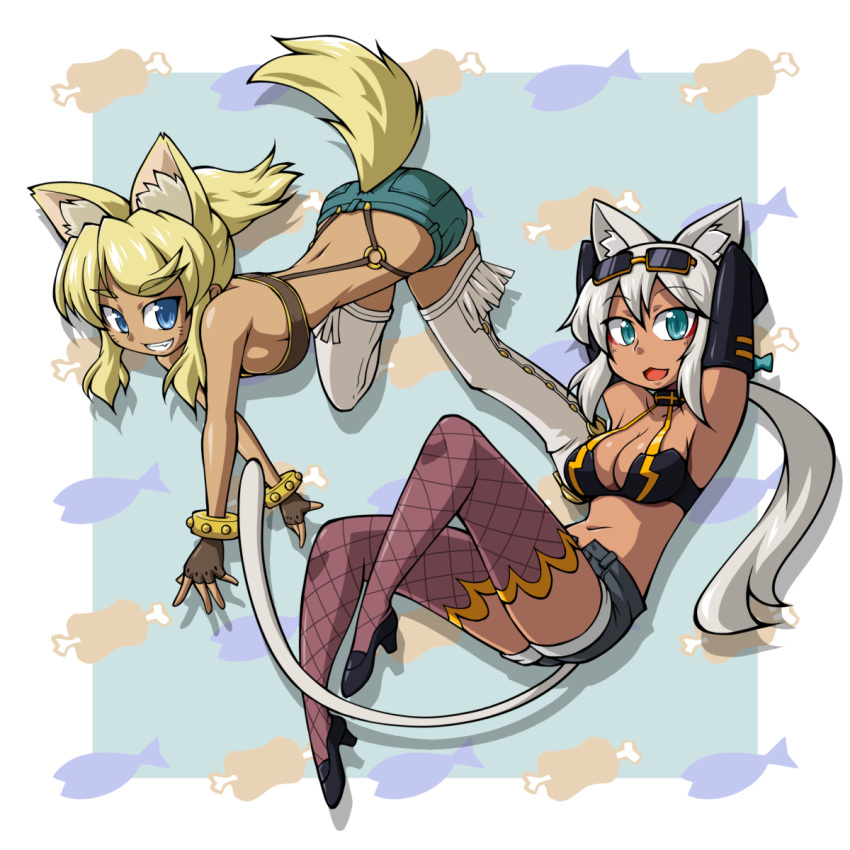 2girls, animal_ears, aqua_eyes, armpits, arms_behind_head, beltbra, bikini_top, blonde_hair