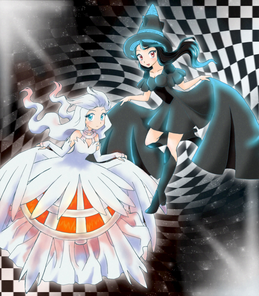 1girl, black_dress, black_hair, black_theme, blue_eyes, breasts, checkered_background, chikorita85