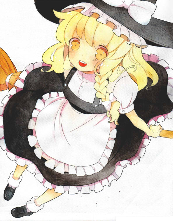 apron, blonde_hair, blush, bow, braid, broom, cha_(cha0-0), frills