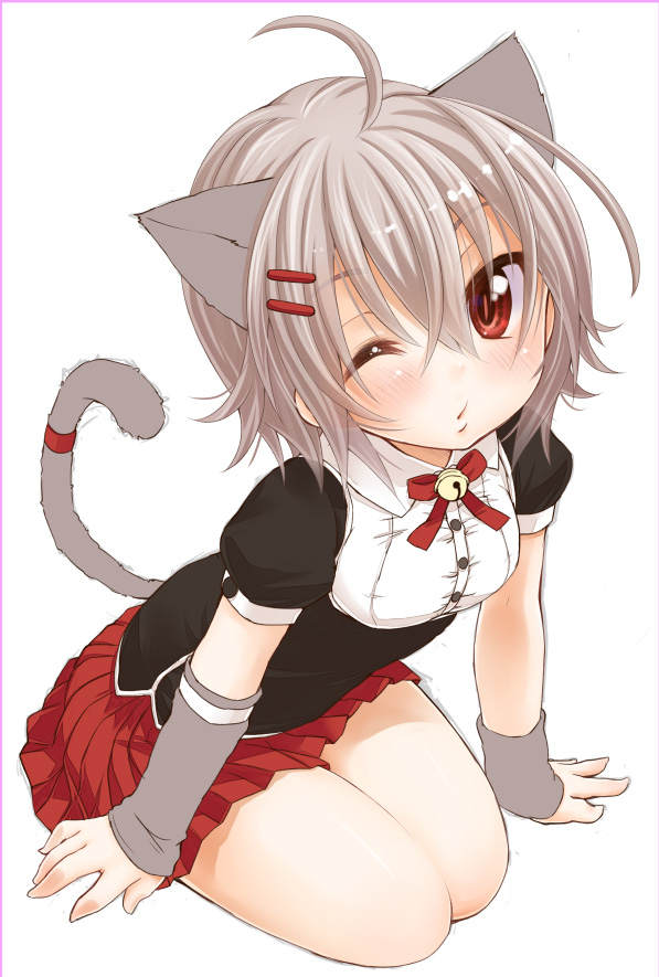 ahoge, animal_ears, arm_warmers, bell, blush, cat_ears, cat_tail, flat_color