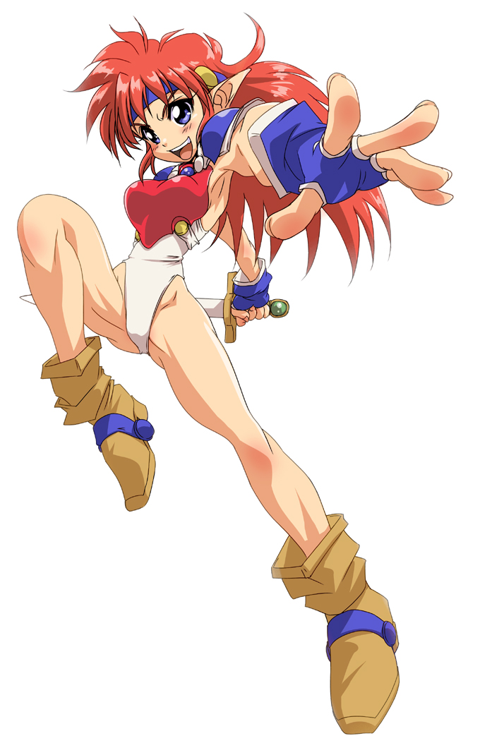 blue_eyes, boots, falcom, fighting_stance, fingerless_gloves, gloves, headband, ketsune