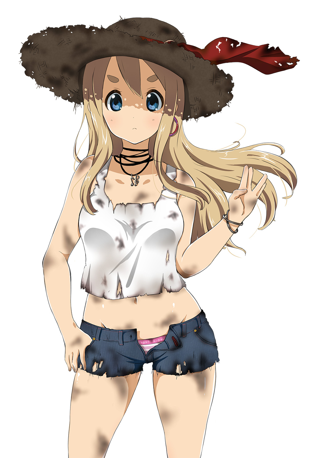 1girl, blonde_hair, blue_eyes, blush, bracelet, crop_top, earrings, hand_in_pocket, hat, highres, jewelry, k-on!, kotobuki_tsumugi, long_hair, midriff, musical_note, navel, open_fly, panties, pink_panties, ragho_no_erika, short_shorts, shorts, simple_background, solo, striped, striped_panties, tank_top, torn_clothes, treble_clef, unbuttoned, underwear, unzipped, vulcan_salute, white_background