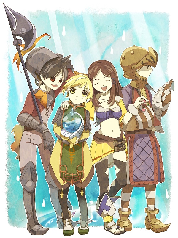 2girls, :d, armor, blonde_hair, blue_(pokemon), boots, breasts, brown_hair