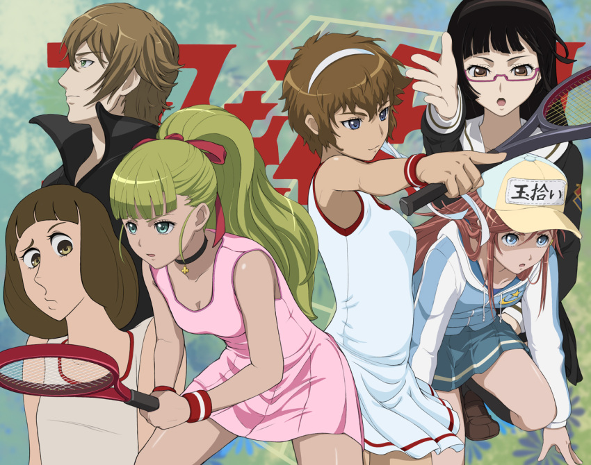 5girls, baseball_cap, black_hair, blonde_hair, blue_eyes, brown_eyes, brown_hair, chiaki_kurihara