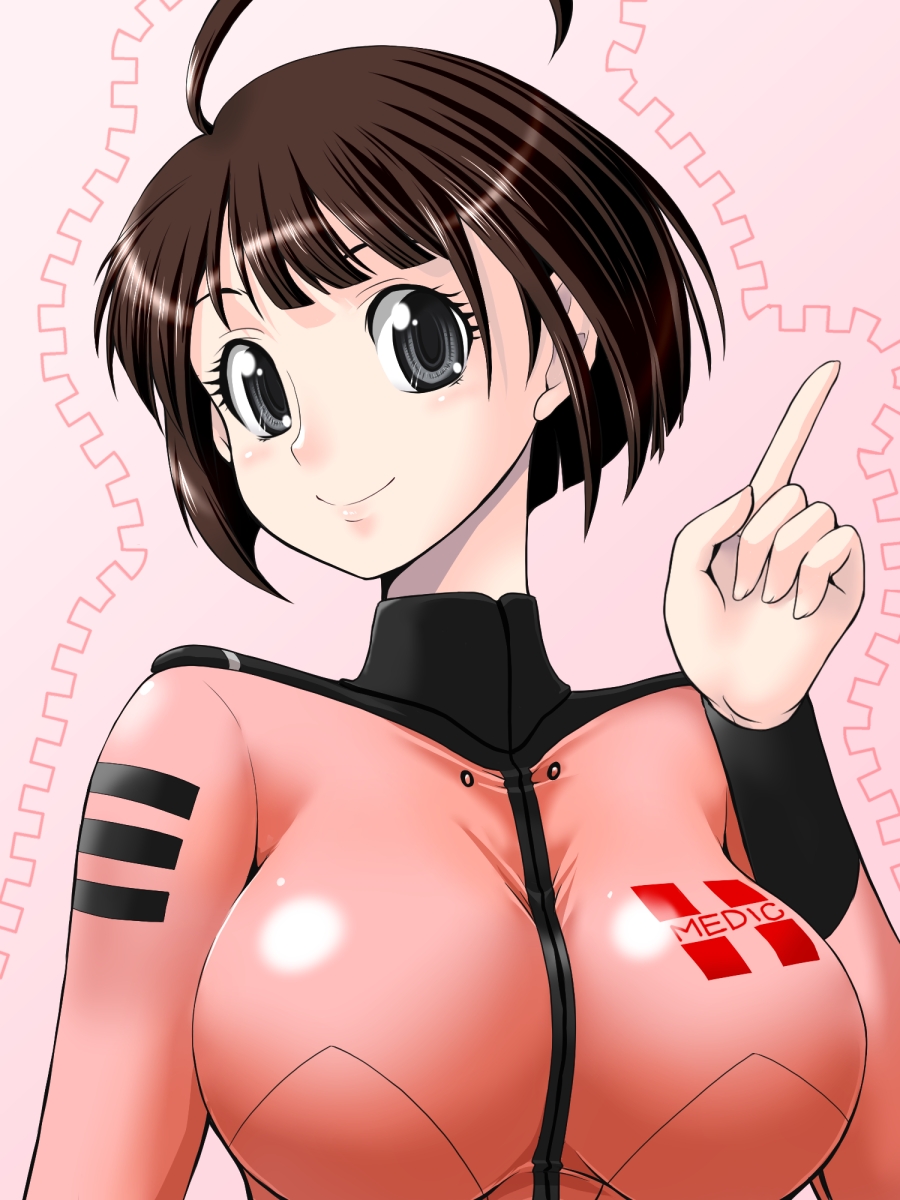 ahoge, black_eyes, breasts, brown_hair, bust, harada_makoto, highres, large_breasts