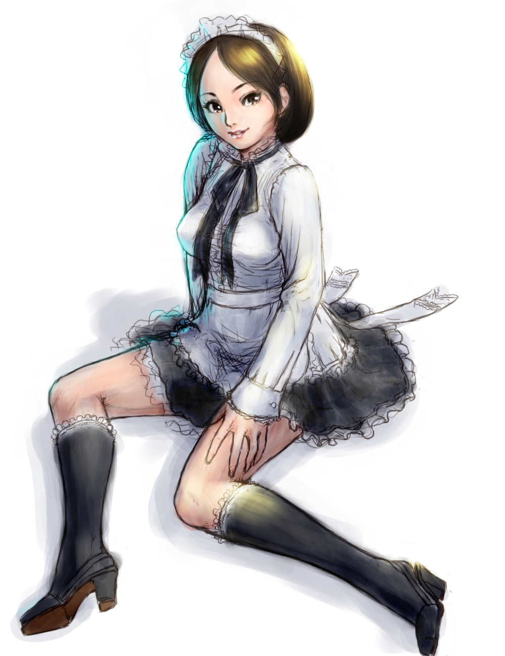 alternate_costume, apron, boots, breasts, brown_eyes, brown_hair, d-gunhoo, emma_sheen