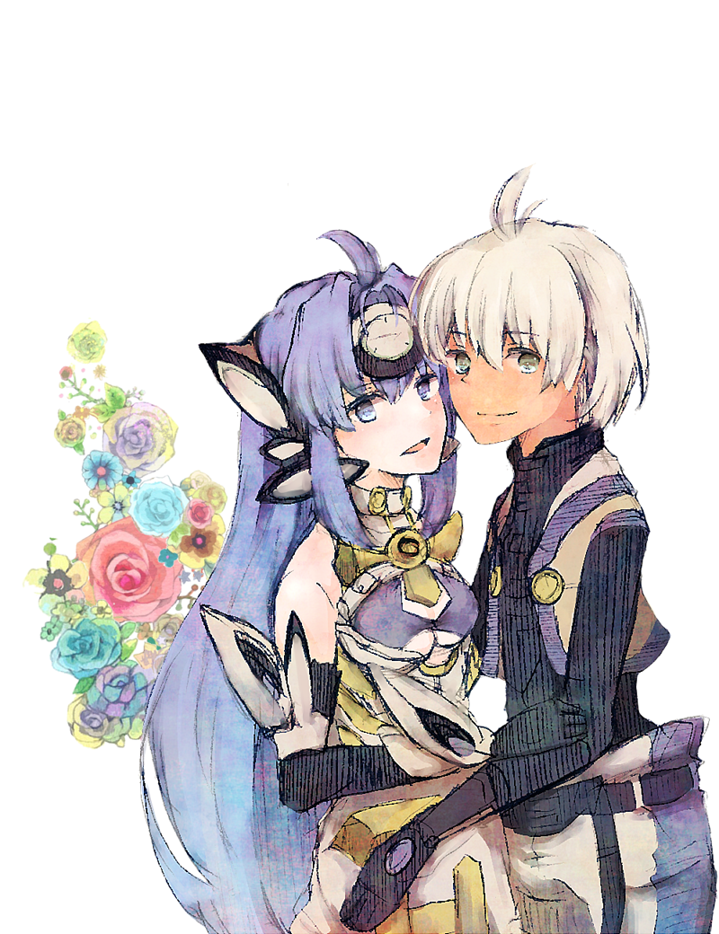 1girl, blue_hair, bridal_gloves, chaos, flower, kos-mos, shino_haruto, simple_background