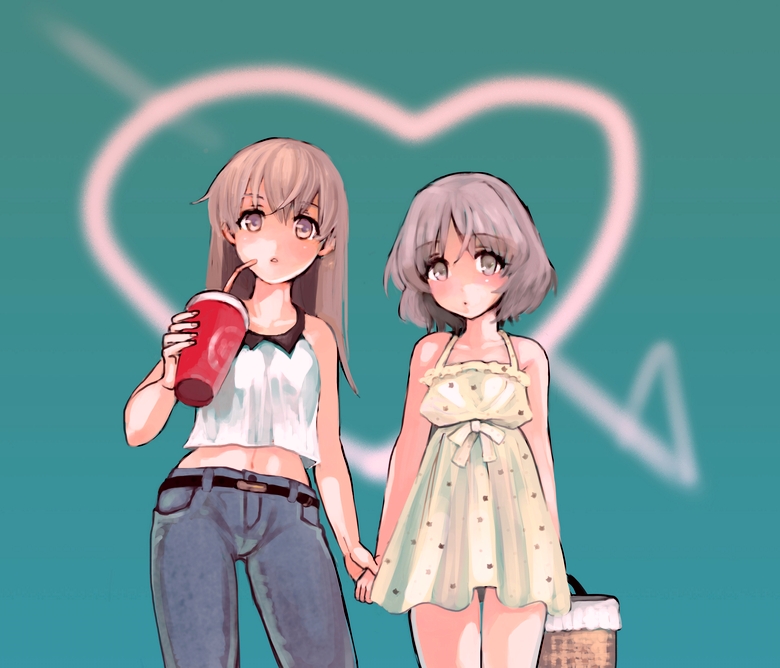 blonde_hair, brown_eyes, casual, dress, drink, eila_ilmatar_juutilainen, heart, jeans