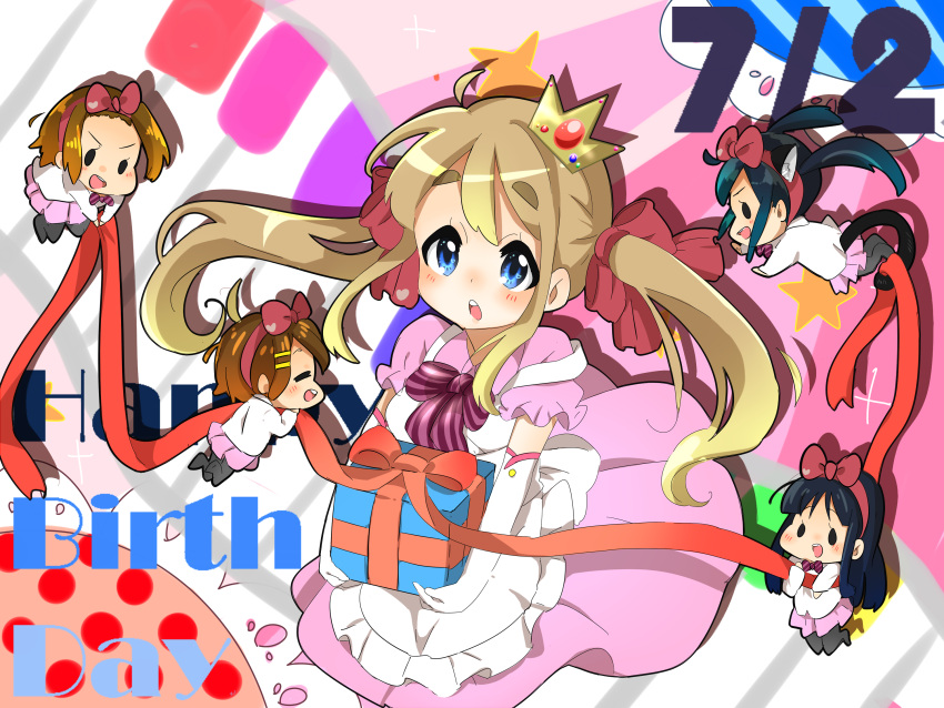 akiyama_mio, blonde_hair, blue_eyes, chibi, crown, dress, gift, highres