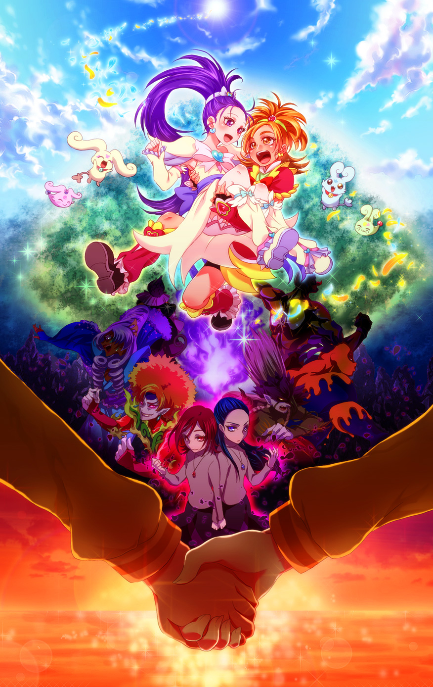 :p, blue_hair, boots, carrying, character_request, choppy, creature, cure_bloom, cure_egret, dorodoron, flappy, foop, frills, futari_wa_precure_splash_star, gohyaan, hand_holding, happy, heart, highres, holding_hands, hyuuga_saki, ivory_(25680nico), jewelry, karehaan, kintoleski, kiryuu_kaoru, kiryuu_michiru, long_hair, magical_girl, mishou_mai, moerumba, moop, ms.shitataate, multiple_girls, necklace, open_mouth, orange_eyes, orange_hair, ponytail, precure, princess_carry, purple_eyes, purple_hair, red_hair, redhead, shirt, short_hair, skirt, tongue, violet_eyes